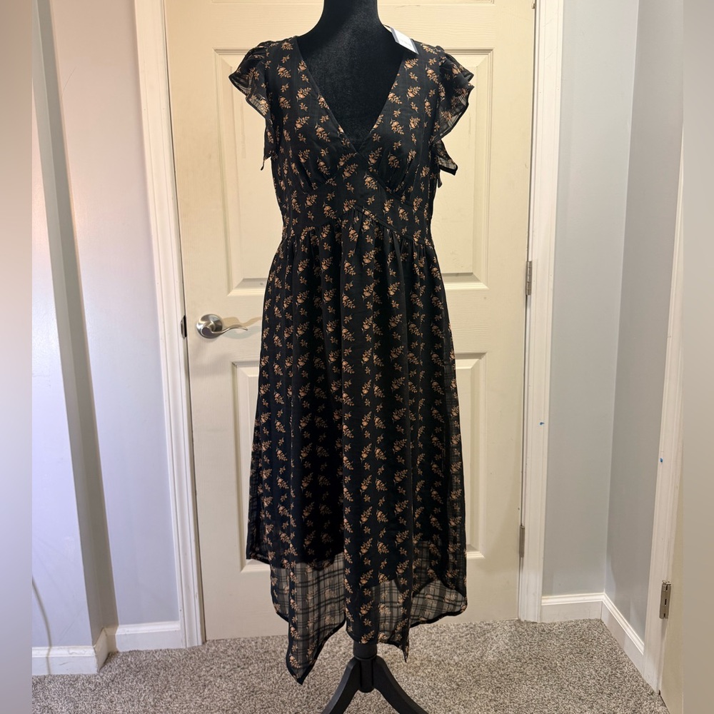 Universal Thread Black Floral Midi Dress with Rust Accents
